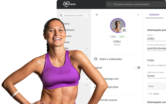 Gestora de academia utilizando o sistema EVO de gestão de academia, com destaque para vendas online e ticket médio