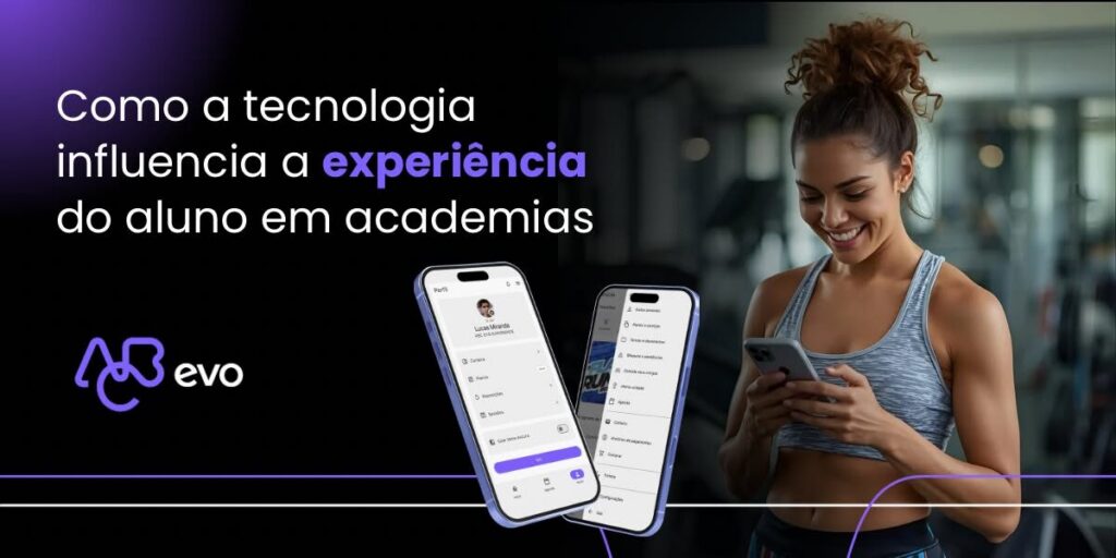 Mulher usando aplicativo de academia no celular, ilustrando a experiência digital do aluno em academias.