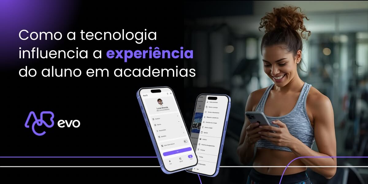 Mulher usando aplicativo de academia no celular, ilustrando a experiência digital do aluno em academias.