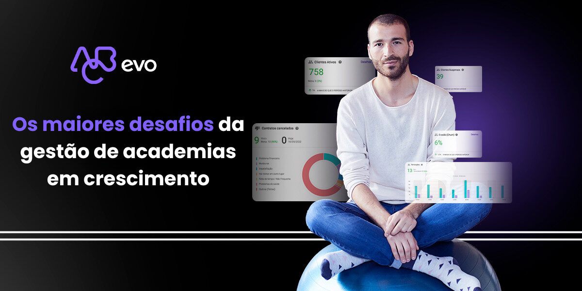 Gestor analisando indicadores e relatórios de academia em painel digital de gestão