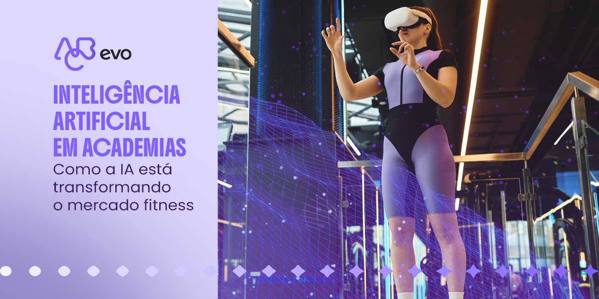 Mulher utilizando óculos de realidade virtual em uma academia, com elementos gráficos digitais