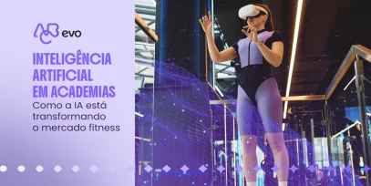 Mulher utilizando óculos de realidade virtual em uma academia, com elementos gráficos digitais