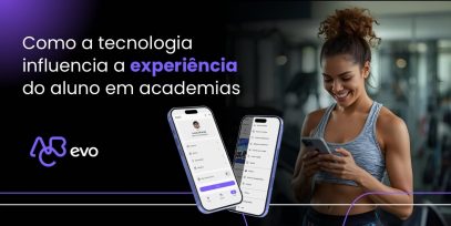 Mulher usando aplicativo de academia no celular, ilustrando a experiência digital do aluno em academias.